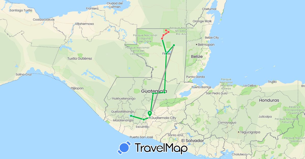 TravelMap itinerary: driving, bus, plane, hiking in Guatemala (North America)